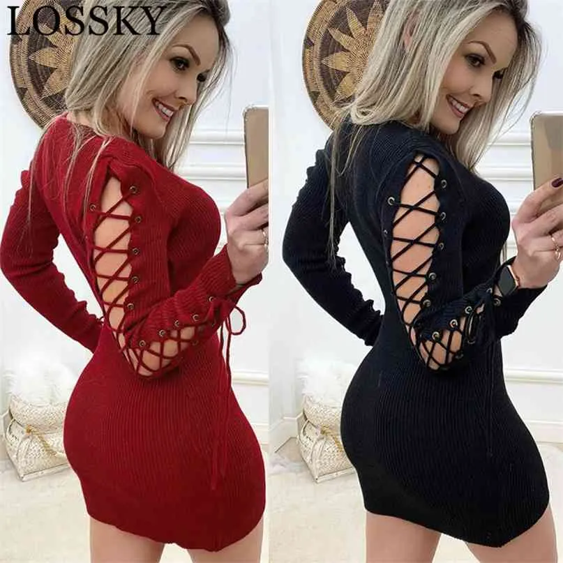Autumn Winter Sexy Knitted Red Black Bodycon Mini Dress Casual Criss Cross Bandage Lace Up Female Night Club Party Short 210507