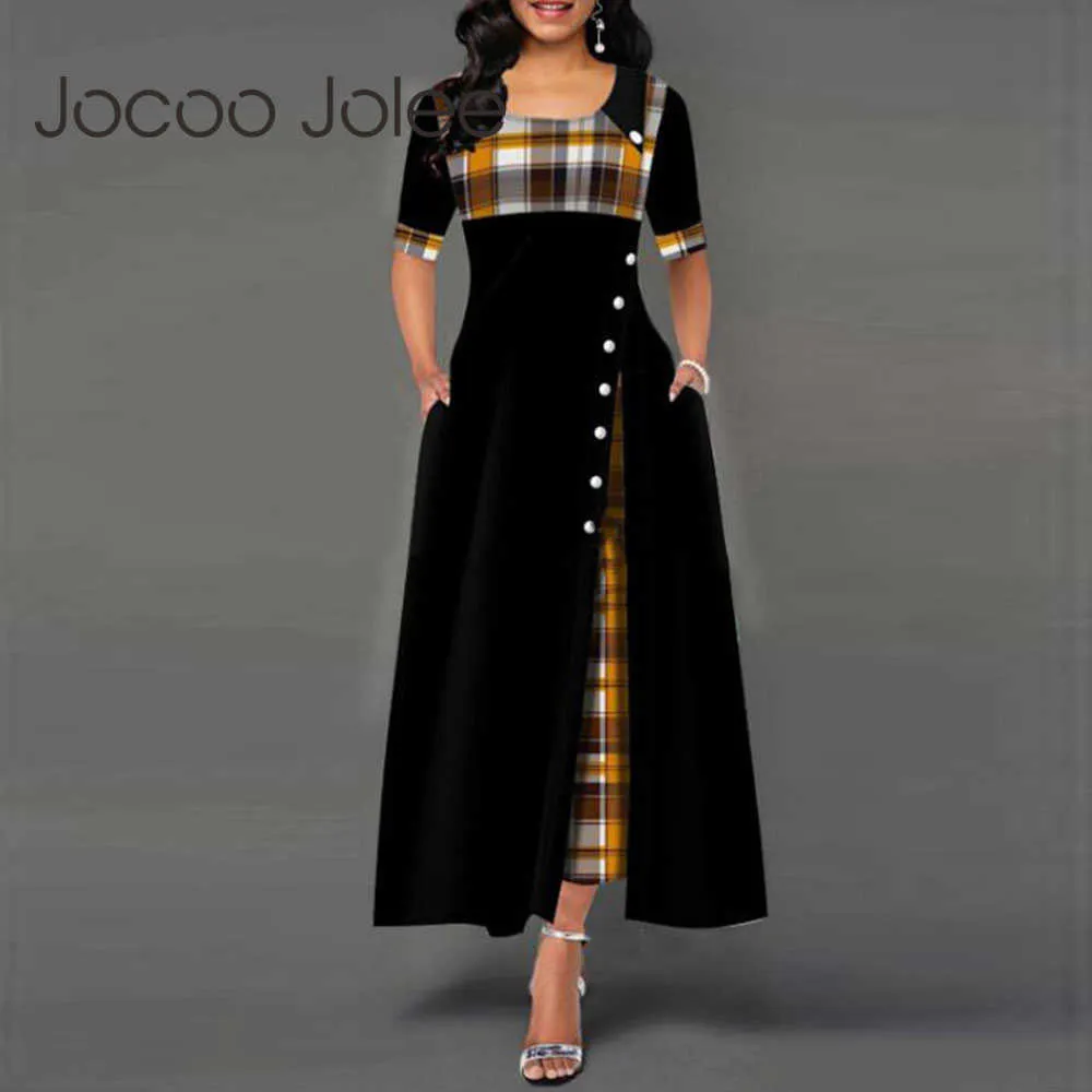 Jocoo jolee maxi jurk vrouwen halve mouw o nek geruite knop patchwork onregelmatige lange jurk dame geruite midi jurk 210619