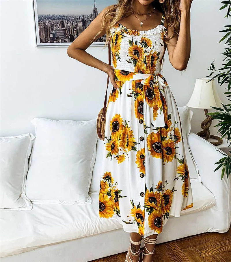 Leviortin Designer Sunflower Dress Beach 2019 Summer Button Down Dress for Women Elastic Chest Strapless Print Flower Dress (10)