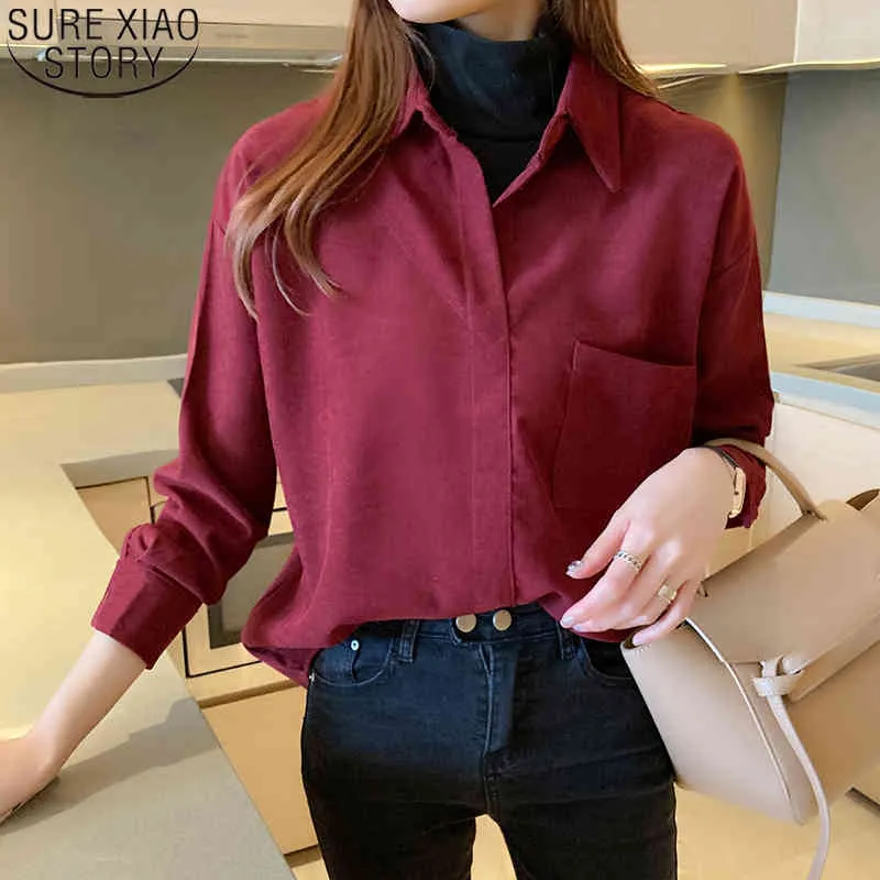 Vêtements d'hiver Femmes Corduroy Blouse Bureau Dames Chemise à manches longues Femme Mode coréenne Lâche Chemises rouges Blusas 12117 210417