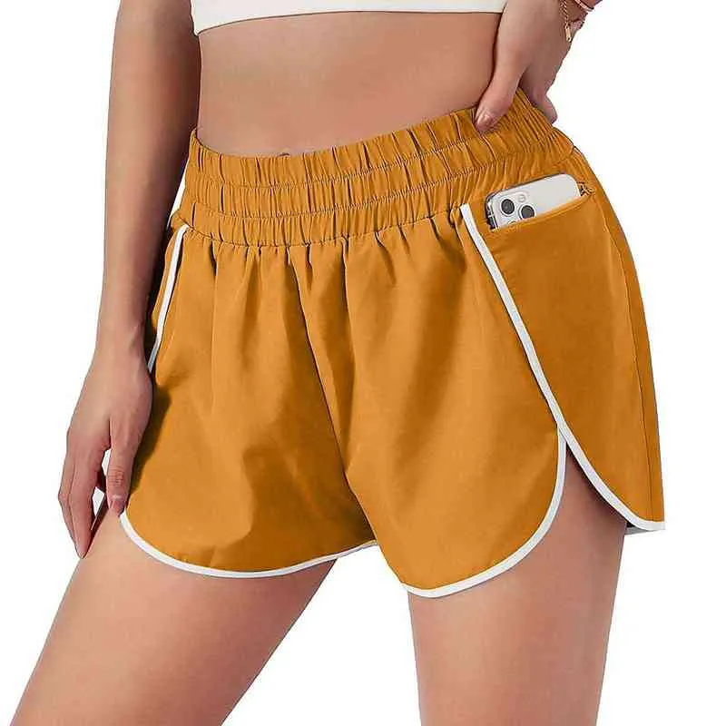 2022 Sommar Nya Kvinnor Shorts Beach Ladies Quick-Torking Fashion Running Shorts Elastisk Midja Ficka Fake WWO Piece Yoga Byxor Y220311