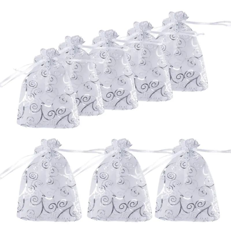 Presentförpackning Små Organza Sheer Favor Giftväskor Mini Silver Rattan Mönster Smycken Pouches Drawstring For Wedding