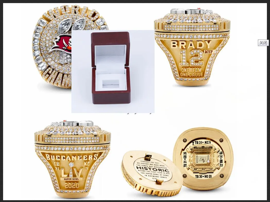 Tre stenringar 2020-2021 Tampa Bay Buccanee Championship Ring Display Box Souvenir Fan Men Gift hela storlek 8-14178m