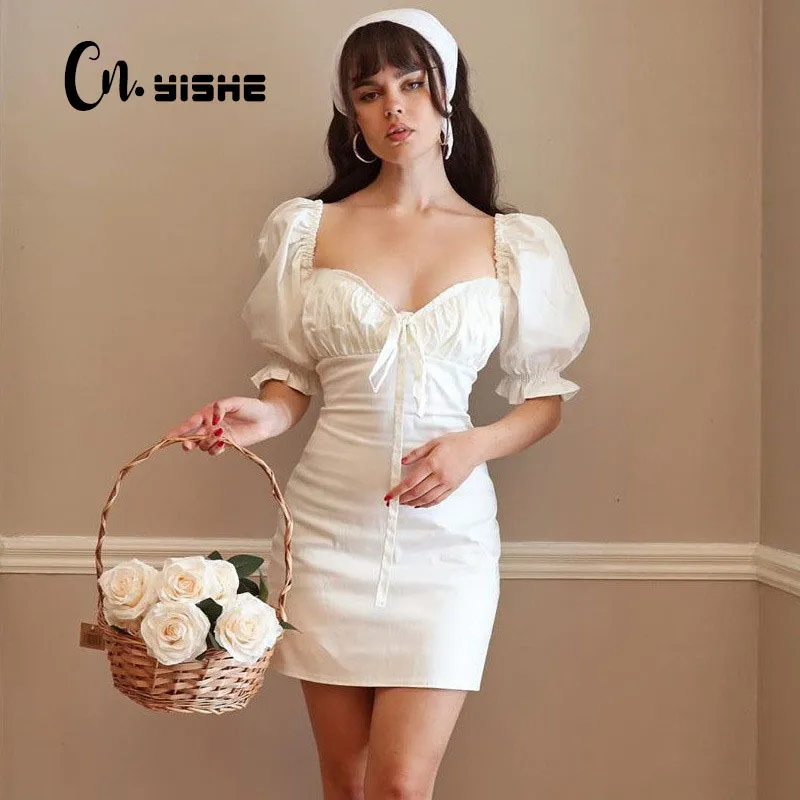 CNYISHE Vintage Puff Sleeve Dress Women Fashion Sexy Square Collar Sheath Casual Bandage Dress Women Lace up Dresses Vestidos 210419