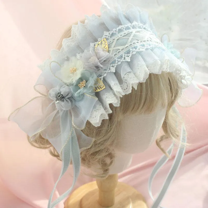 Masques de fête Super Fée Fabriqué à la main Gris Bleu Lolita Dentelle Bande de cheveux Thé Fleur Magnifique Cosplay Bowknot Bandeau Coiffure Accessoires