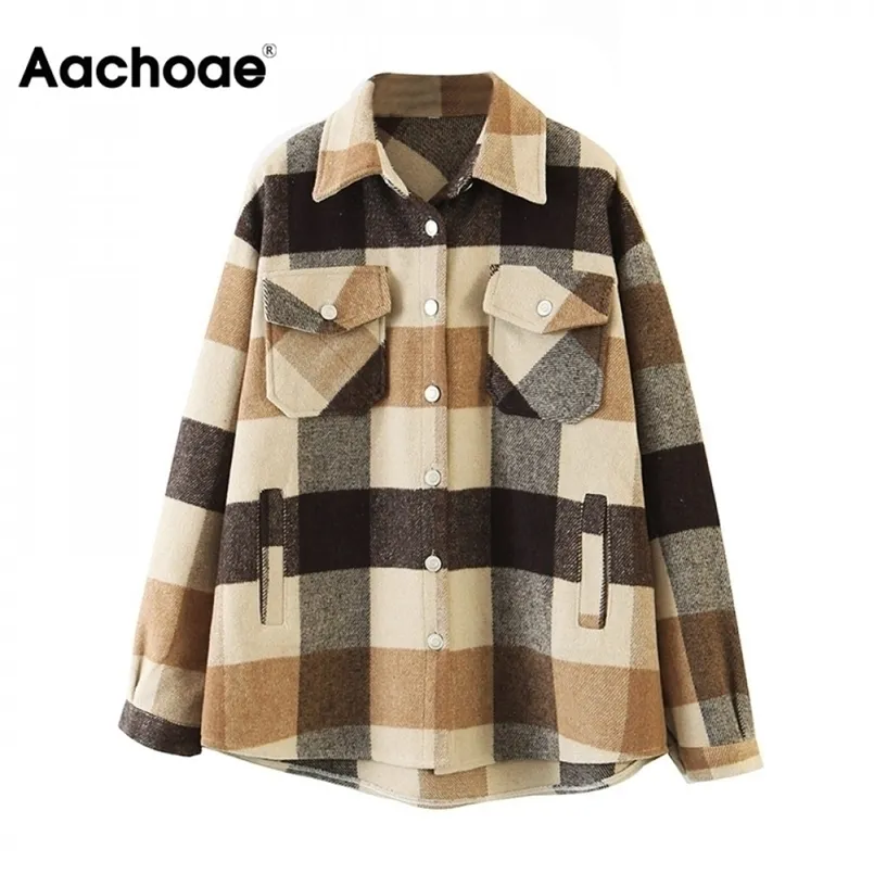 Aachoae Loose Casual Wool Plaid Jacket Women Turn Down Collar Fashion Coat With Pockets Autumn Long Sleeve Ladies Jackets Coats 211029