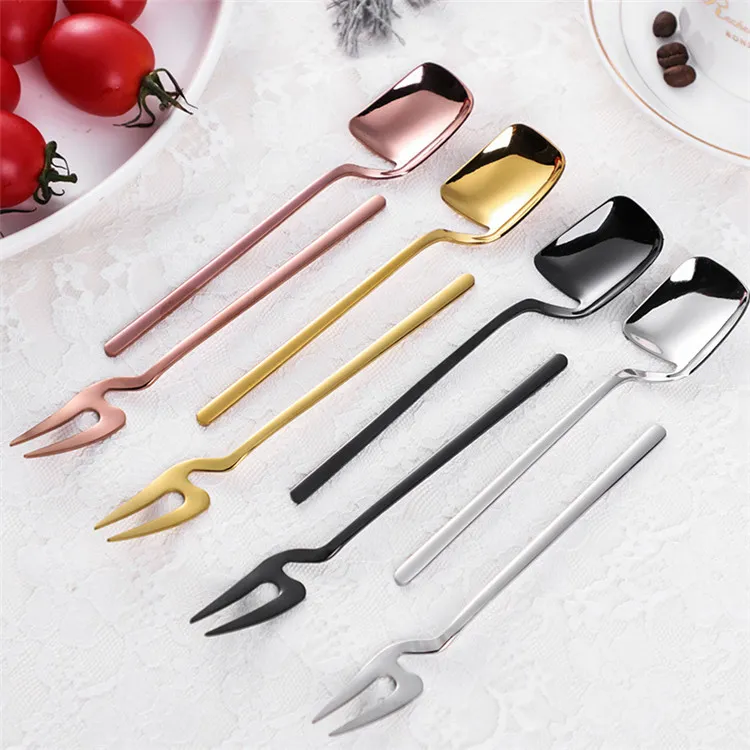 Creative Copper Spoon Fruit Fork and Spoon Coffee Stainless Steel 304 Dessert Spoon Fork Cup Hangable