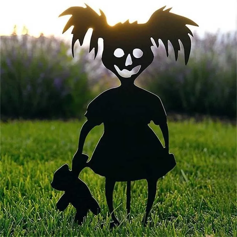 Zezzo® Halloween Cute Ghost Zombie-Metalowa sztuka stojąca sylwetka do ogrodu stoczni stos na zewnątrz rzeźby mały diabeł wystrój domu 211101