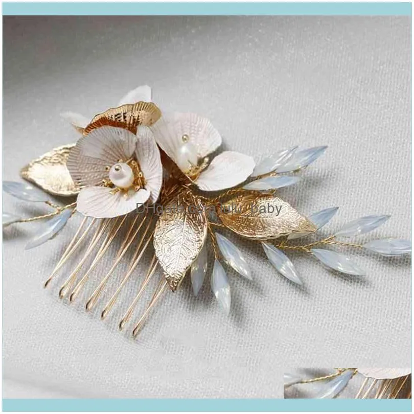Opal Pearl Headpieces Flower Leaf Hair Combs Pins Gold Bridesmaids Brides Hairpins Headdress Wedding Accessories Bridal Jewelry