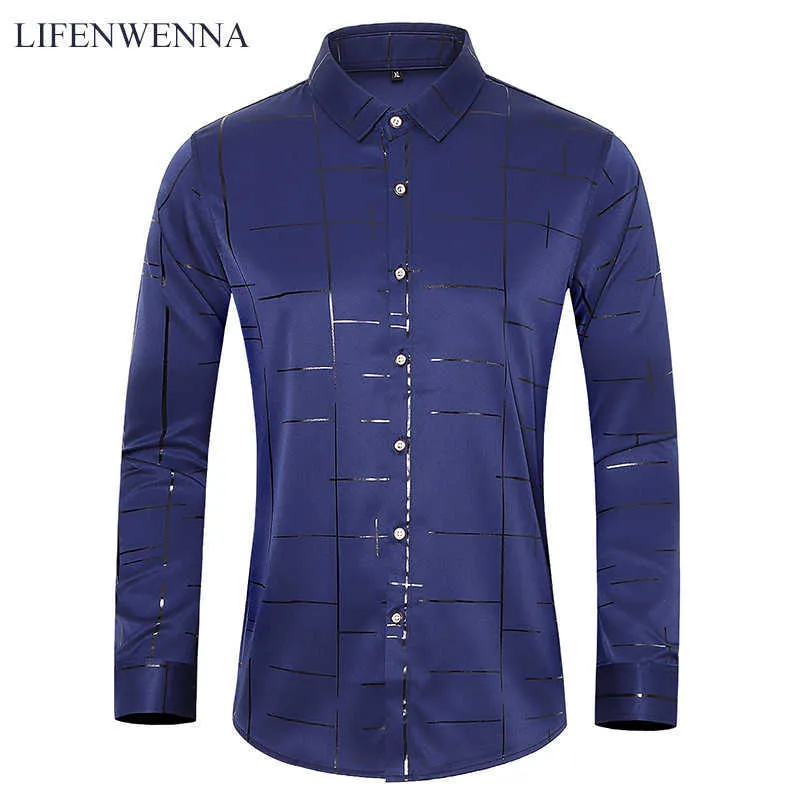 LIFENWENNA Autumn Top Quality Men's Boutique Shirt Casual Plaid Print Long Sleeve Mens Business Social Shirts Plus Size 6XL 7XL 210528