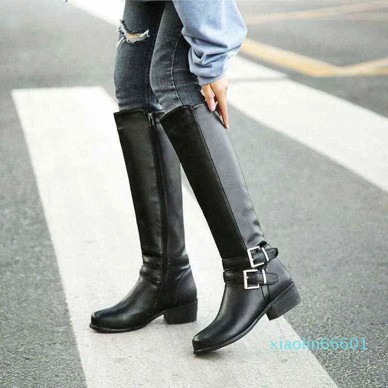 Plush Blcak Brązowy Buty Kobiet Klamra Niski Chunky Heel Midd Calf High Długi Knight Boots Female Botas Plus Size V6VR #