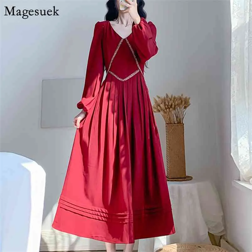 Vinatge Puff Sleeve Pleated V-neck Long Dress Women Elegant Party Club Red Female A-line Midi Casual es Vestido 12911 210512