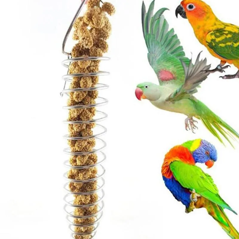 Outros pássaros suprimentos de pássaros portáteis alimentador espiral portátil aço inoxidável papagaio de comida para forragear brinquedo para pássaros suportes de fruta de estimação