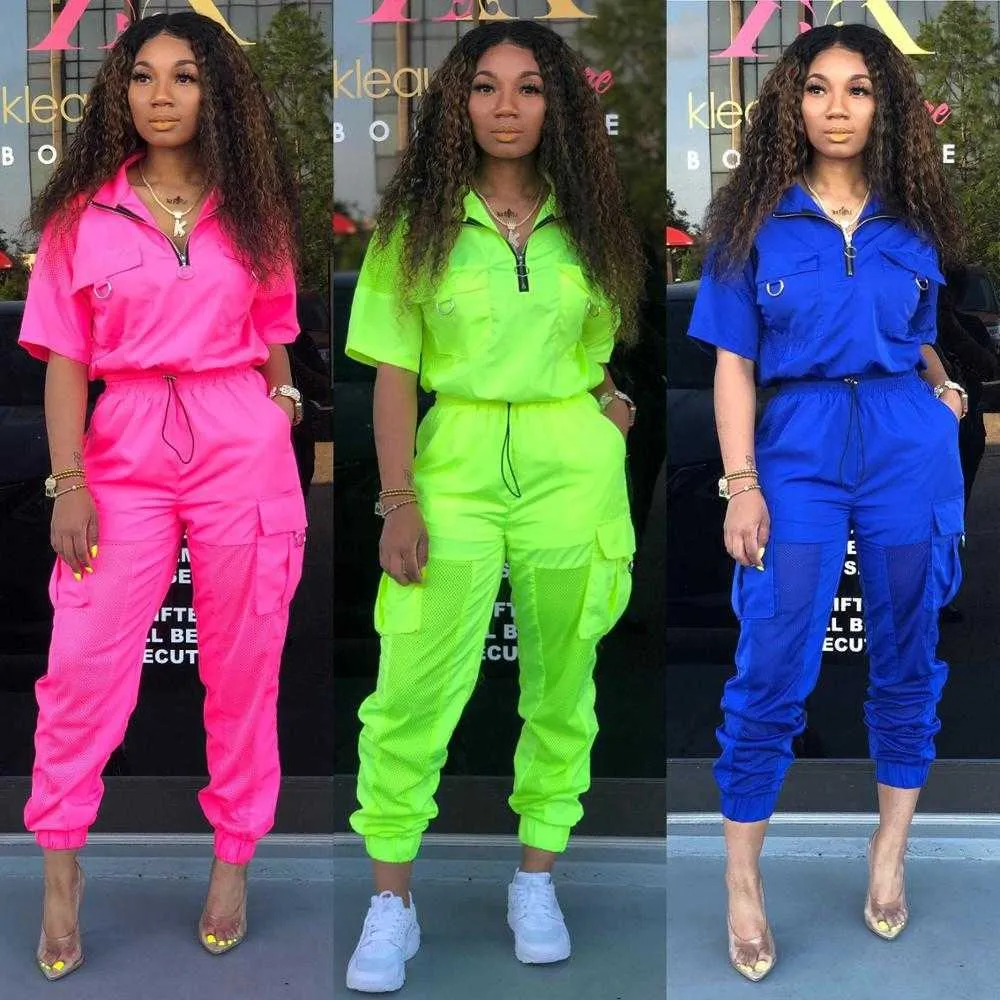 Neon Solid Sportwear Donna Completi a due pezzi Giacca a maniche corte con zip Top + Pantaloni a rete Streetwear Tuta da donna Set coordinati 210709