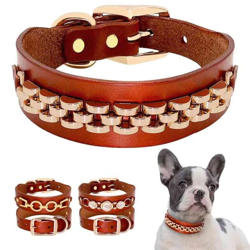 Collier de chien en cuir de mode bouledogue français collier pour animaux de compagnie Perro pour petits chiens moyens accessoires en métal colliers pour animaux de compagnie 210729