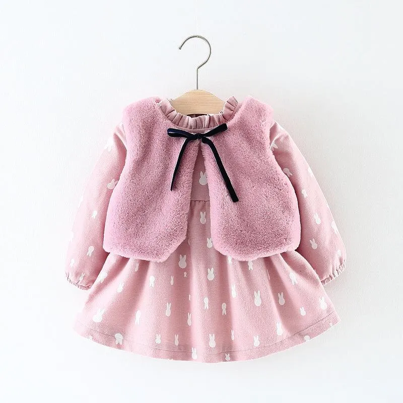 fengxiziwu Girl s Dresses Baby Girls Dress Sets Plus Velvet Vest Suits Autumn Winter Long Sleeve Dress Fur Coats 2pcs Set Cute Kids Clothing Outfits