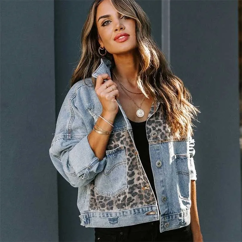 Winter Long-sleeved Jacket Denim European And American Style Leopard Print Stitching Lapel Short Women 211014