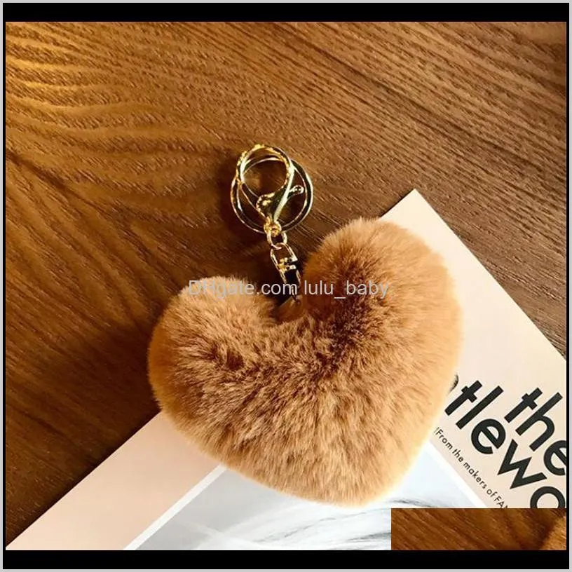 new rabbit fur heart shape keychain soft fur lovely gold metal key chains pom poms plush keychain car keyring bag earrings accessories