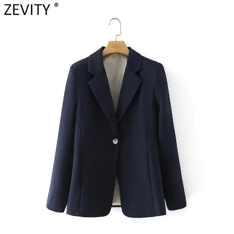 Women Fashion Single Button Navy Blue Fitting Blazer Coat Office Long Sleeve Business Femme Outerwear Chic Tops CT687 210416