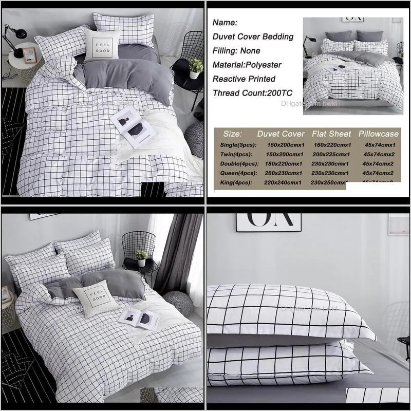 bonenjoy queen size bedding set white color black plaid microfiber reactive printed king size bed linen sets for bedroom kit 201127