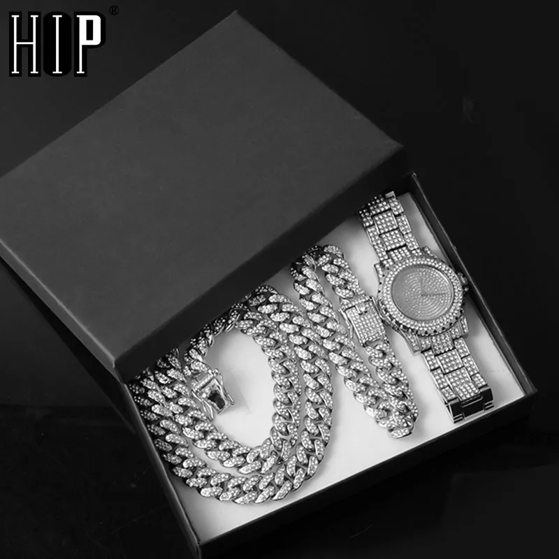 Hip Hop Full Iced Out gepflasterte Strasssteine Miami Curb Cuban Chain Halskette + Uhr + Armband Gold CZ Bling Rapper Schmuck für Männer