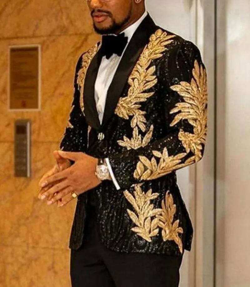 Men's Suits & Blazers 2 Pieces Slim Fit Shiny Sequins Gold Applique Prom Tuxedos Grooms Jacket Wedding Party Set Blazer Pant303Z