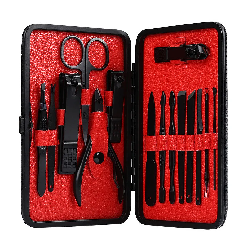 7/12 / 15pcs Noir Manucure Sans Ciseaux Ciseaux Clippers à ongles Cuillère Écouteuse Pédicure Toilettage Kits de voyage Home Usage Professional Full Function Kit