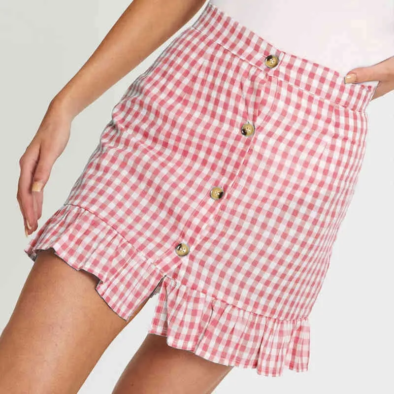 Été Vintage Jupes Femmes Plaid Volants Mini Jupe Taille Haute Boutons à poitrine unique Petite jupe à carreaux frais Femmes 210514