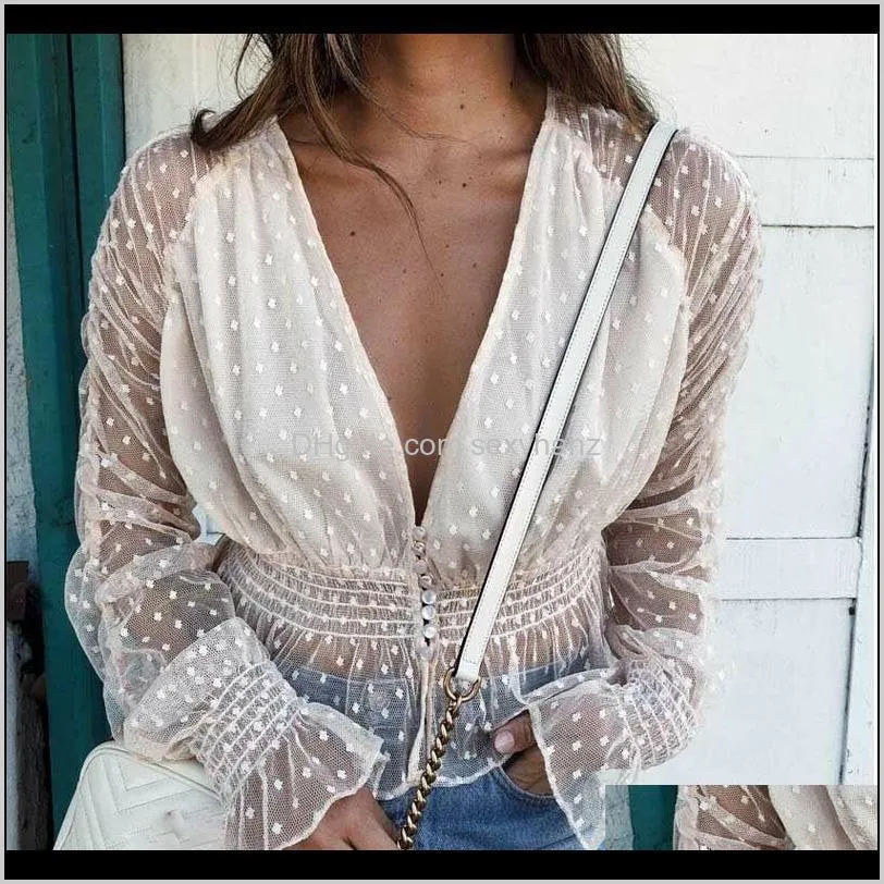 women 2021 blouses summer mesh sheer elegant female holiday long sleeve transparent see through deep v neck sexy blouse shirts women`s