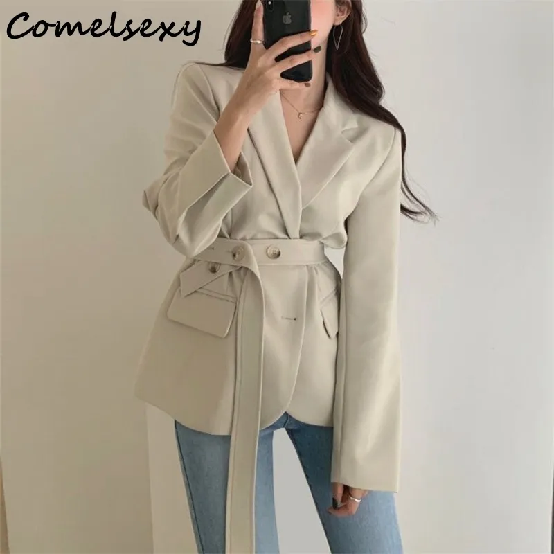 Koreanska modebälte kvinnor Blazers Coats Höst Långärmad Singelbröst Casual Solid Kvinna Jackor Toppar Blazers Femme 210515