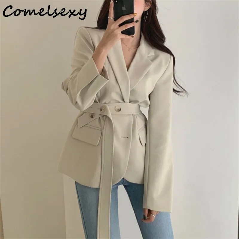 Coreano Moda Belted Mulheres Blazers Casacos Outono Manga Longa Sólida Casual Casual Caquetes Femininos Sólidos Tops Blazers Femme 210515