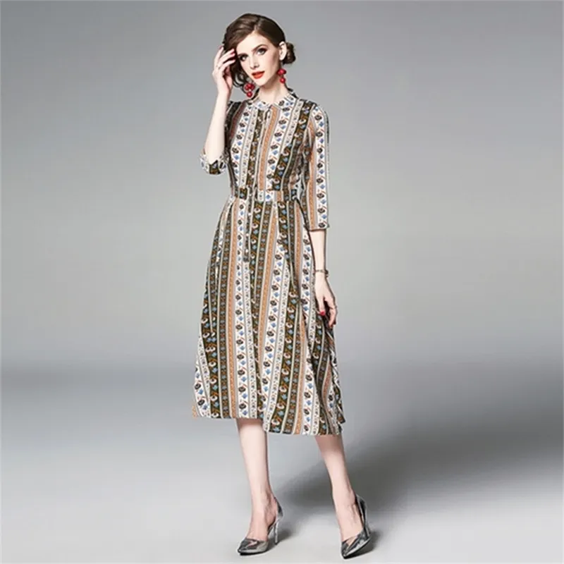 Vintage Long Summer Dress Mode Kvinnor Tre Kvartär Ärm O-Necktryckt Runway Style Maxi Vestido 210603