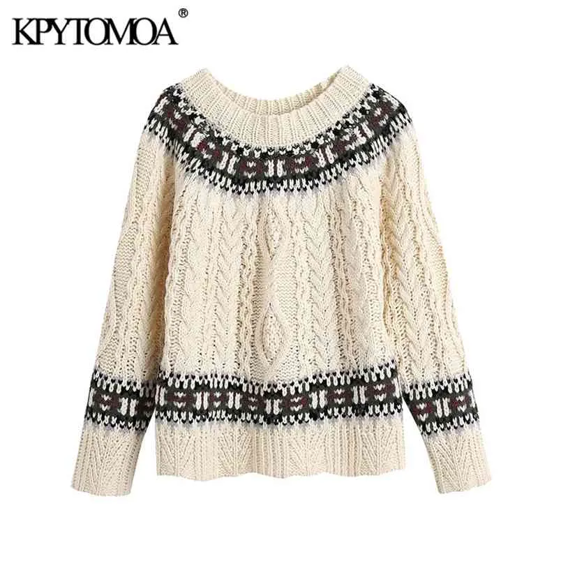 Mulheres moda retalhos jacquard cabo-knit suéter o pescoço manga comprida fêmea pulôver chique tops 210420