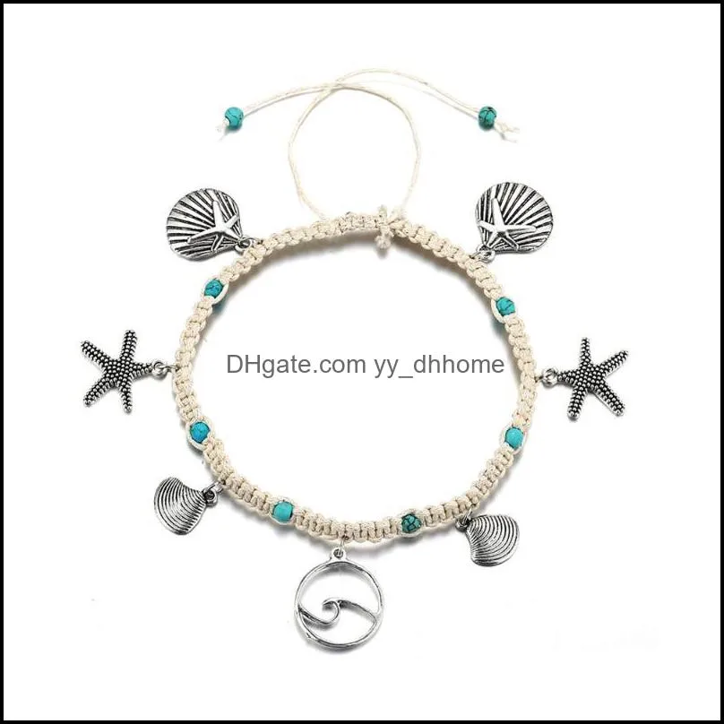 Charm Bracelets Style Starfish Beach Women`s Bracelet Anklet Shell Sea Wave Knitting Pendant Hand And Foot Accessories