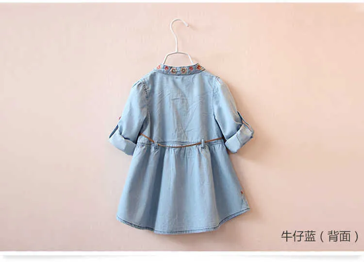  Spring Autumn 3-12 Age Kids Embroidery Flower Long And Short Sleeve Double Use Denim Blue Elegant Dress For Girl With Belt (4)