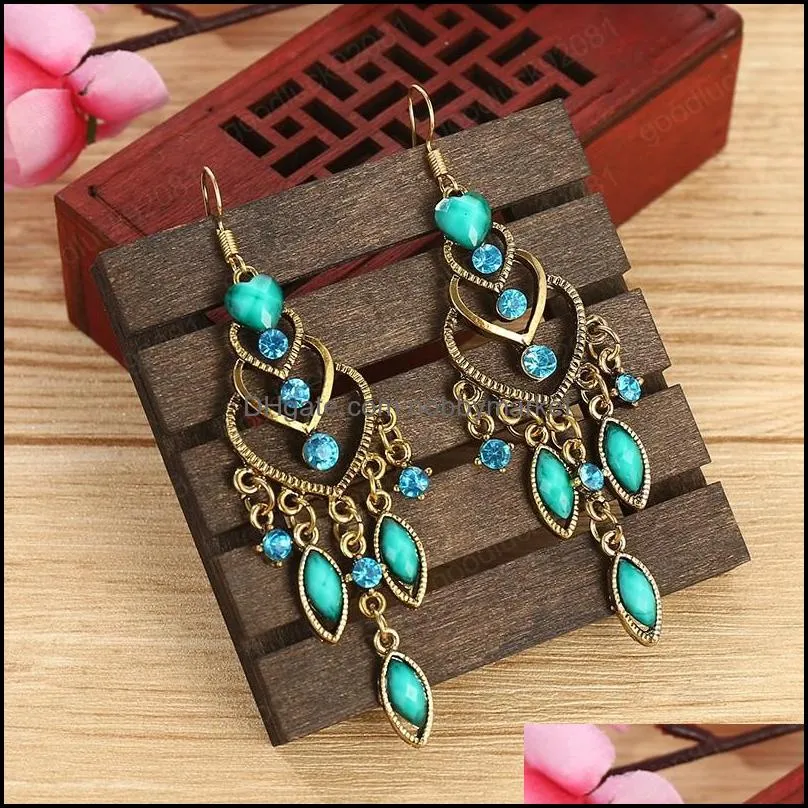 Dangle & Chandelier Earrings Jewelry Retro Peach Heart Rhinestone Tassel Drop Earring For Women Boho Golden Metal Hollow Exaggerated Indian