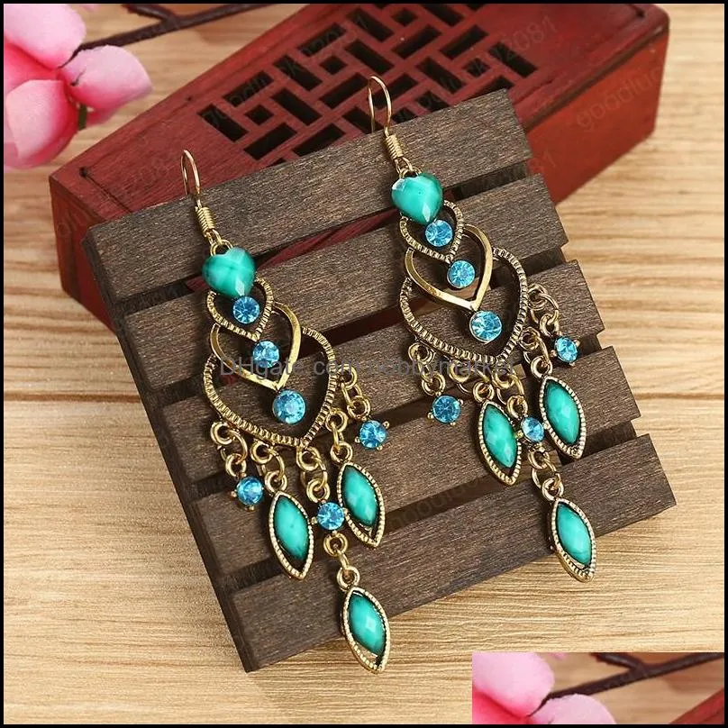 Dangle Lustre Boucles D'oreilles Bijoux Rétro Pêche Coeur Strass Gland Boucle D'oreille Pour Les Femmes Boho Doré Métal Creux Exagéré Indien