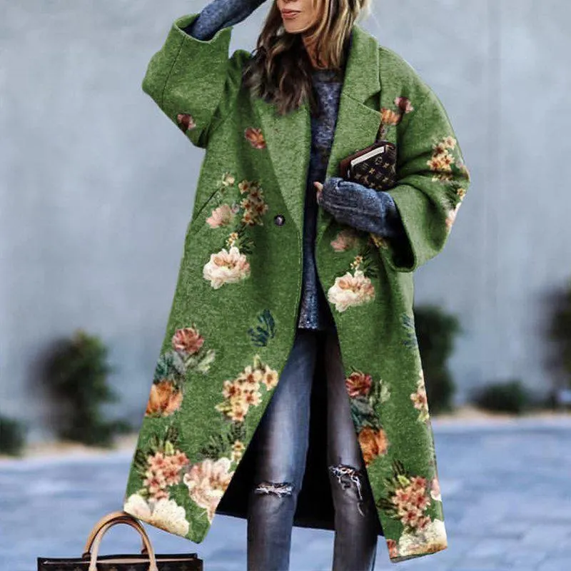 Women s Green Floral Print Winter Woolen Coat Casual Turn Down Collar Loose Overcoat 2024
