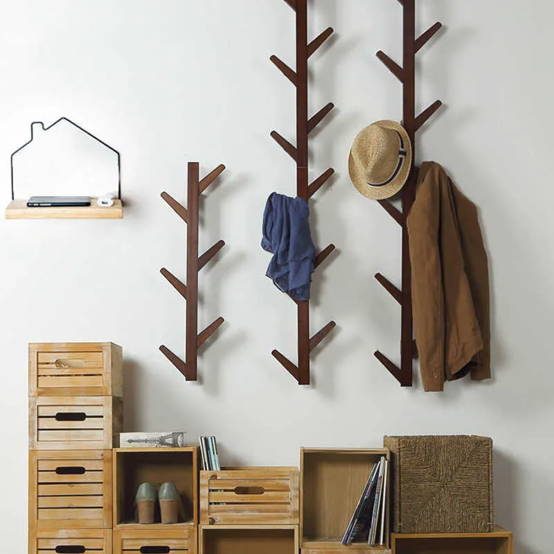 MROSAA BAMBOO Drewniane Wiszące Płaszcz Rack Wall Hook Odzież Wieszak Salon Sypialnia Półka Ścienna Wieszak dekoracji 6/8/10 Haczyki 210705