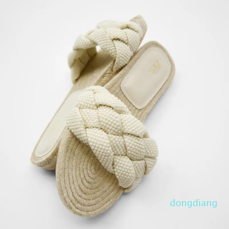 Женская обувь 21 белый из искусственного жемчужина плетеный ремешок джутовые плоские сандалии плетеные открытые пальцы 355