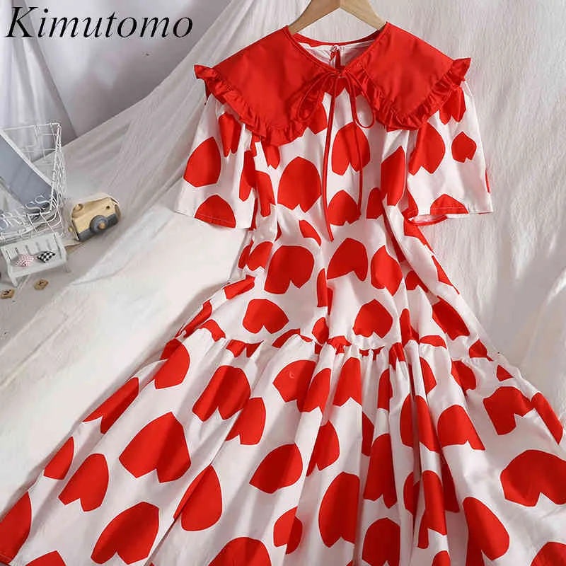 Kimutomo Sweet Girls Vestidos de moda Corazón Impreso Ruffles Verano Estilo coreano Femenino Lace Up Hongo Shawl Vestidos 210521