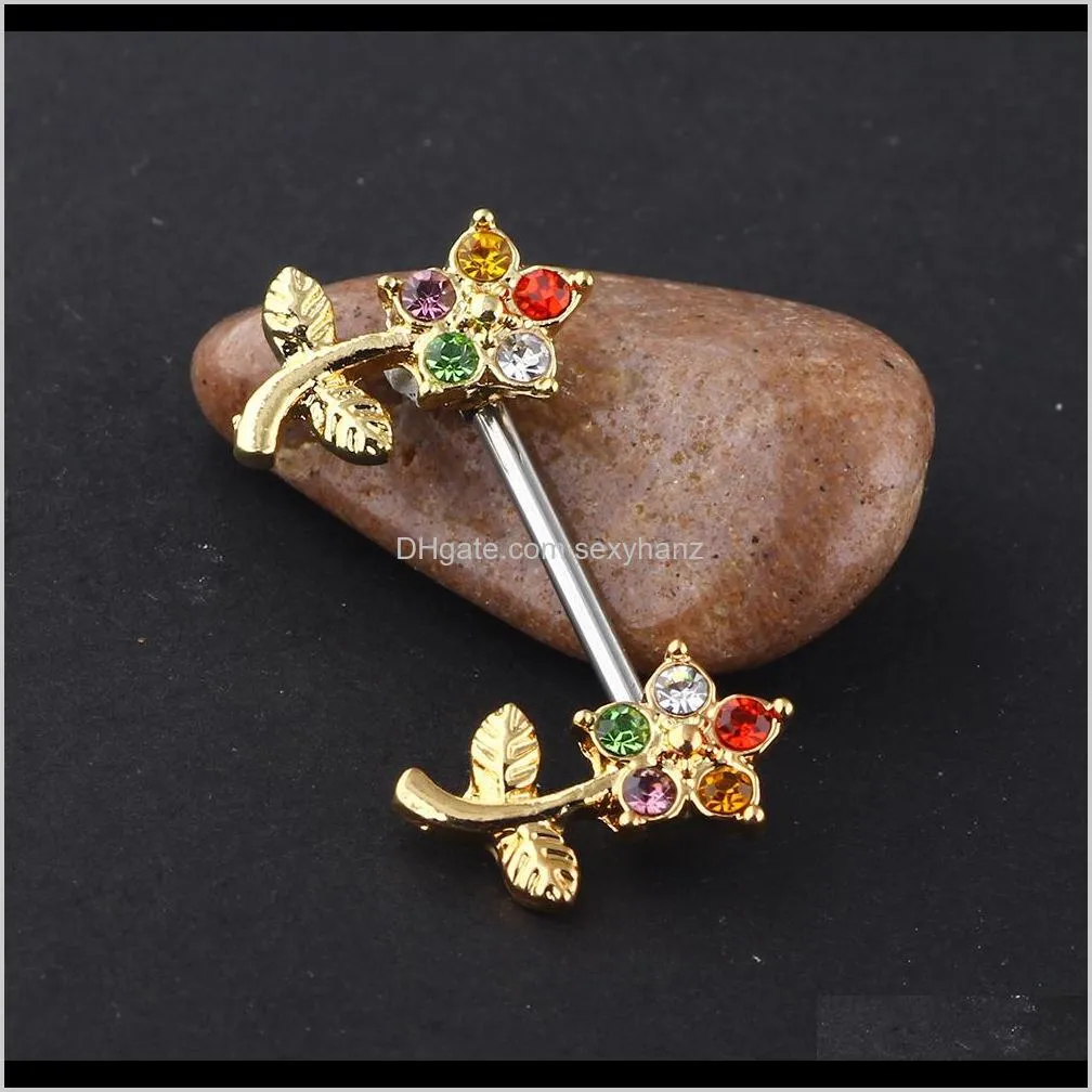 stainless steel 14 gauge nipple ring bar double cz crystal curved flower body piercing jewelry ear nipple barbell 20pcs