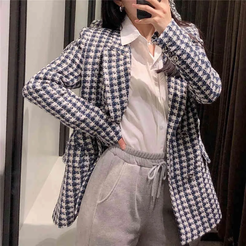 Women Houndstooth Twill Elegant Blazer Jacket Spring Long Sleeve