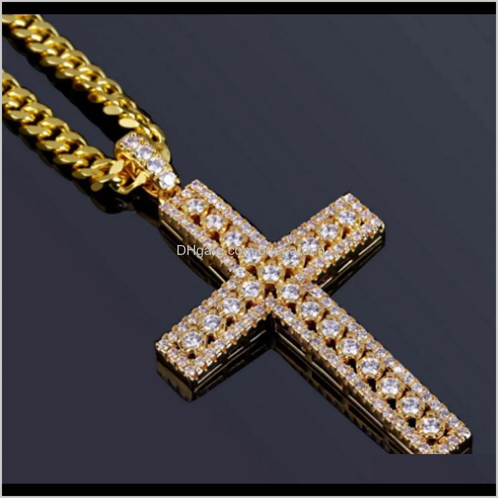 hip hop 18k gold plated iced out cubic zirconia cross pendant necklace with 4mm 60cm cuba chain necklace men women diamonds jewelry
