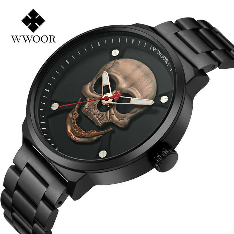 Wwoor Moda Pirate Style Zegarek Czaszka Mężczyźni Top Marka Luksusowe Mężczyźni Wodoodporna Ze Stali Nierdzewnej Kwarcowy Zegarek Zegarki Sportowe Mężczyzna Zegar 210527