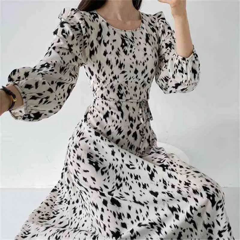 Leopard impresso vestido mulher pano de cintura alta cintura chique o-pescoço vestidos de manga longa vestidos elegante vestuário elegante 210603