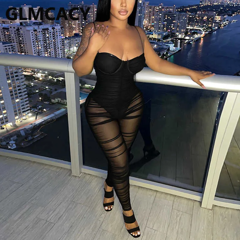 Femmes Spaghetti Strap Mesh Jumpsuit Party Club Sexyy See Through Overalls 210702