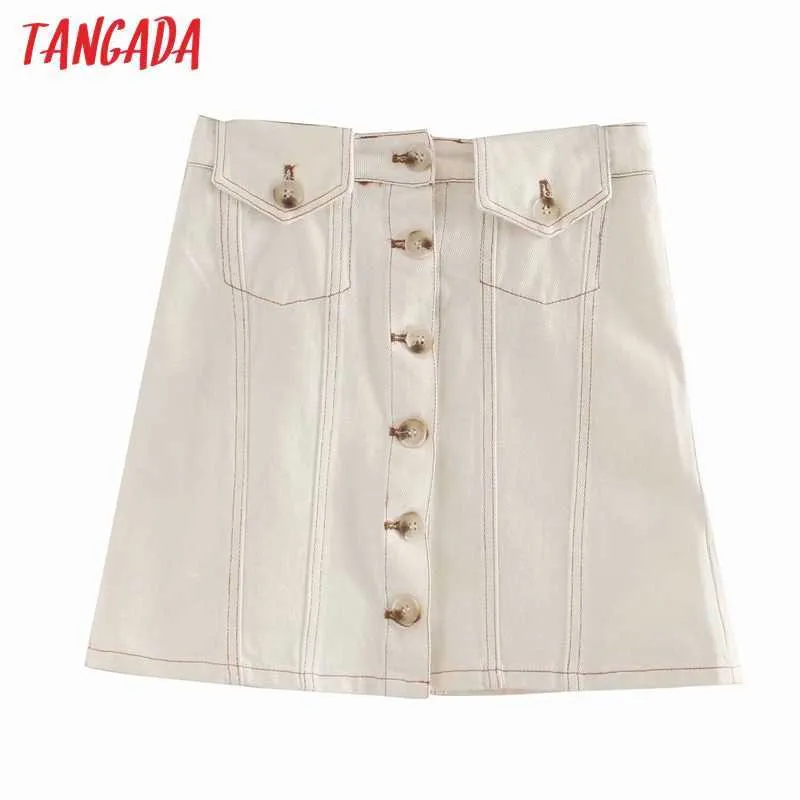 Tangada Frauen Sommer Denim Weiß Röcke Faldas Mujer Tasten Französisch Stil Weibliche Mini Rock 6P17 210609