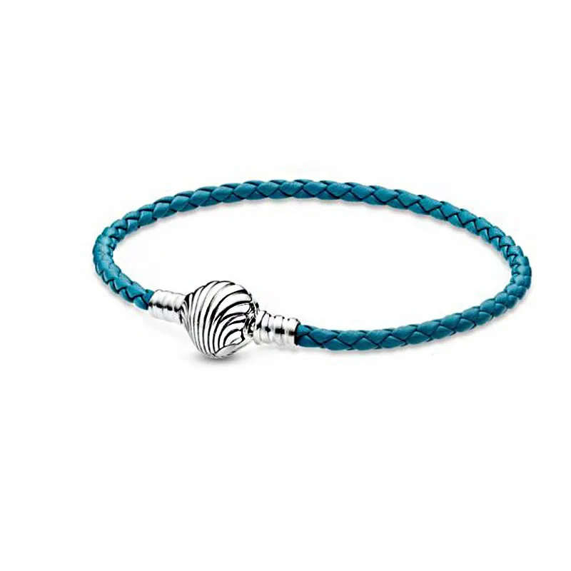 2020 925 Sterling Zilver Pandora Seashell Clasp Turquoise Gevlochten Lederen Armband Dames Sieraden