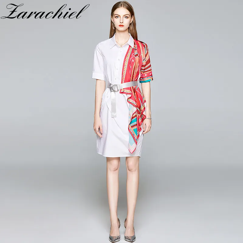 Women Casual White Shirt Red Irregular Printed Silk Scarf Patchwork Short Sleeve Pocket Sashes Loose Fake Two Piece Dress 210416